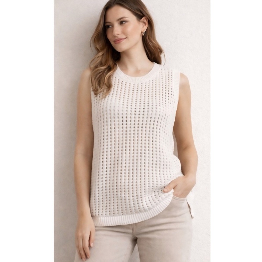 CeCe Womens Cream White Pointelle Open Knit Cotton Sweater Vest Shell Large